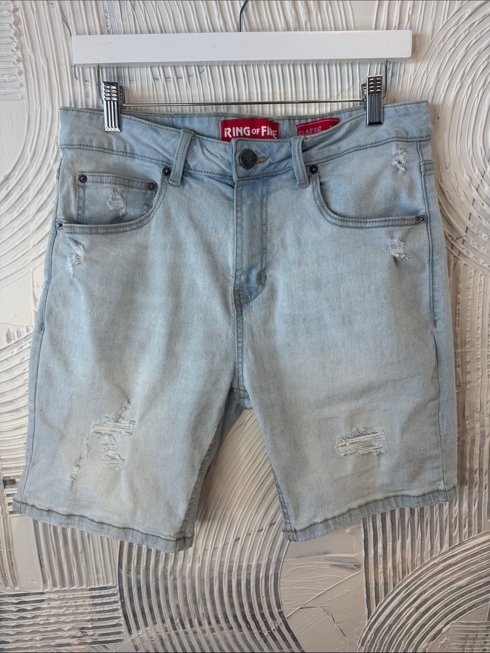 Ring of Fire Light Blue Distressed Men’s Denim Shorts - Casual Five-Pocket N0513